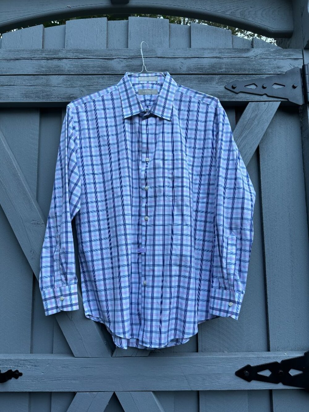 Nordstrom Trim Fit Wrinkle Free Dress Shirt 17 32/33 Blue Purple Plaid Cotton